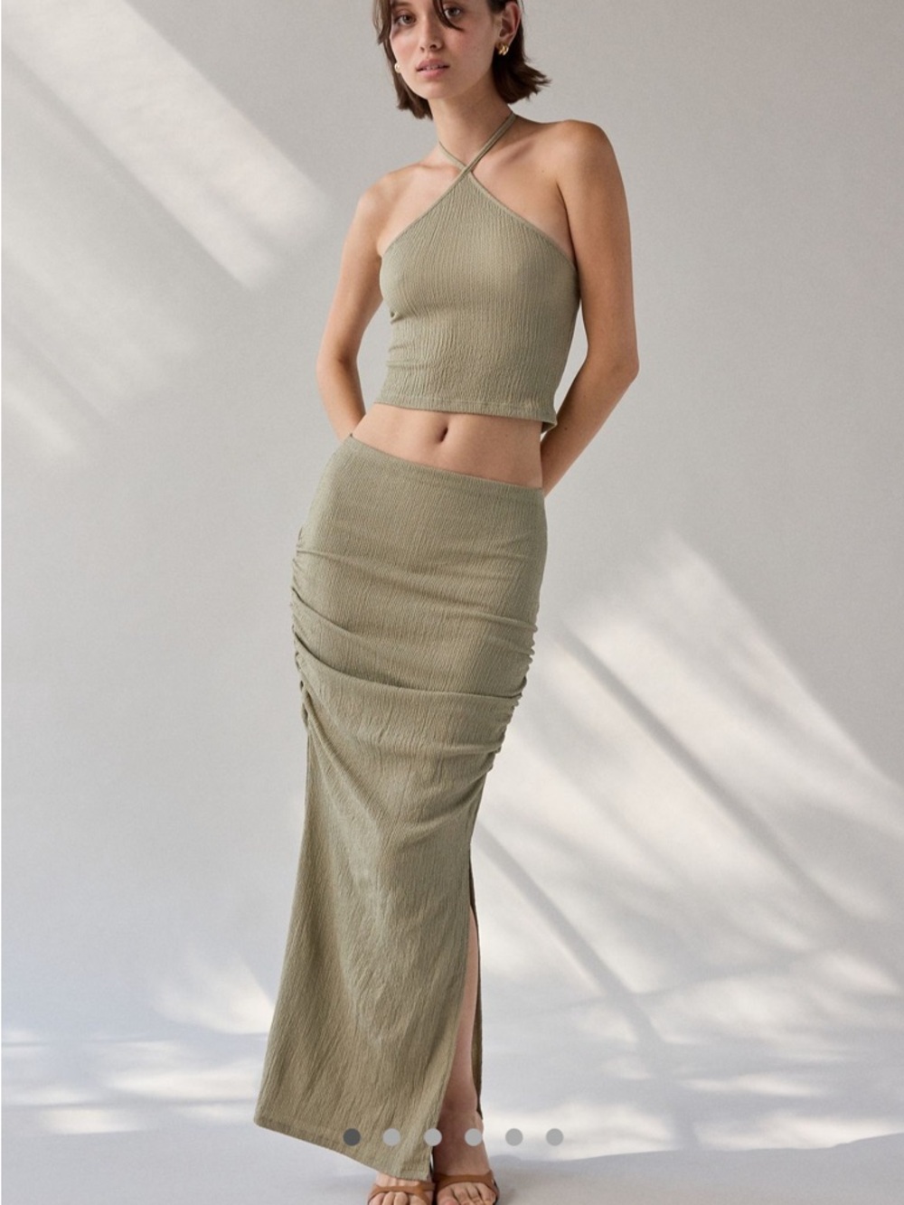 Urban Outfitters Caprina Olive Ruched Knit Maxi Skirt with Shirt Set